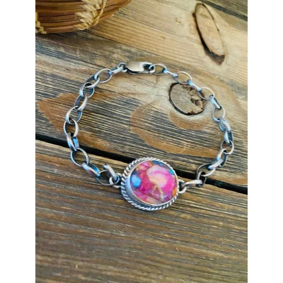 Navajo Pink Dream Mohave & Sterling Silver Link Bracelet - Picture 2 of 7